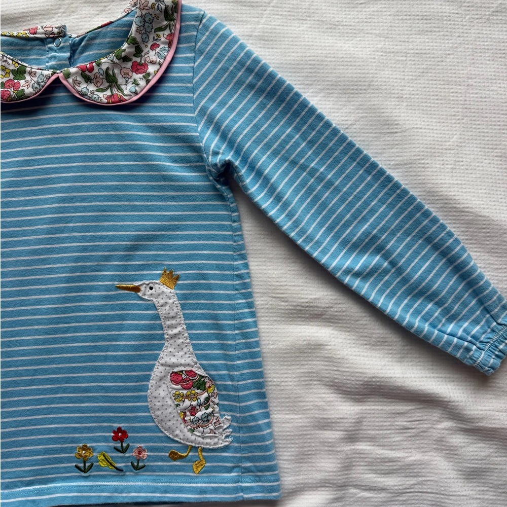 Mini Boden Blue & White Striped Long Sleeve Top with Embroidered Goose